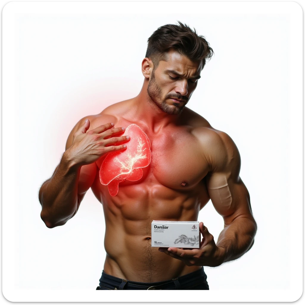 bodybuilder showing liver area with red halo and danger symbol, holding a box of oral anabolic steroids, pained expression, realistic details, isolated on white background sticker