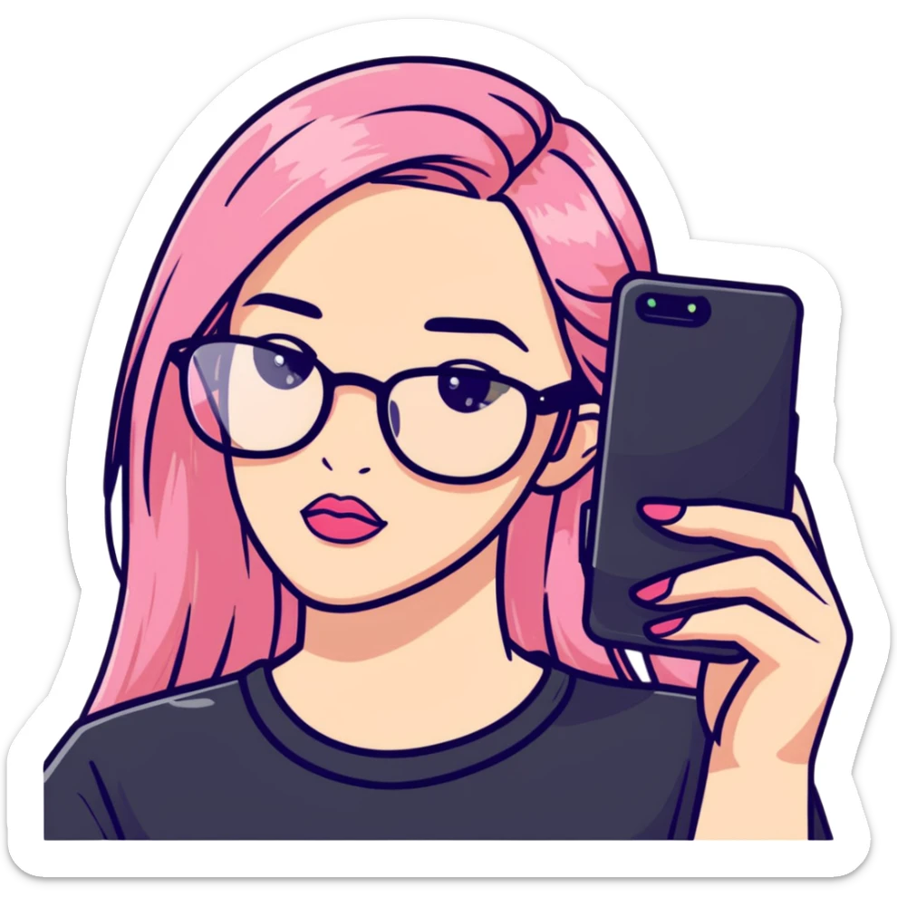 A teenage girl taking a selfie in a school bathroom. She has long, straight blonde and pink-dyed hair, wears rectangular glasses and a black shirt. Her expression is neutral with glossy lips sticker