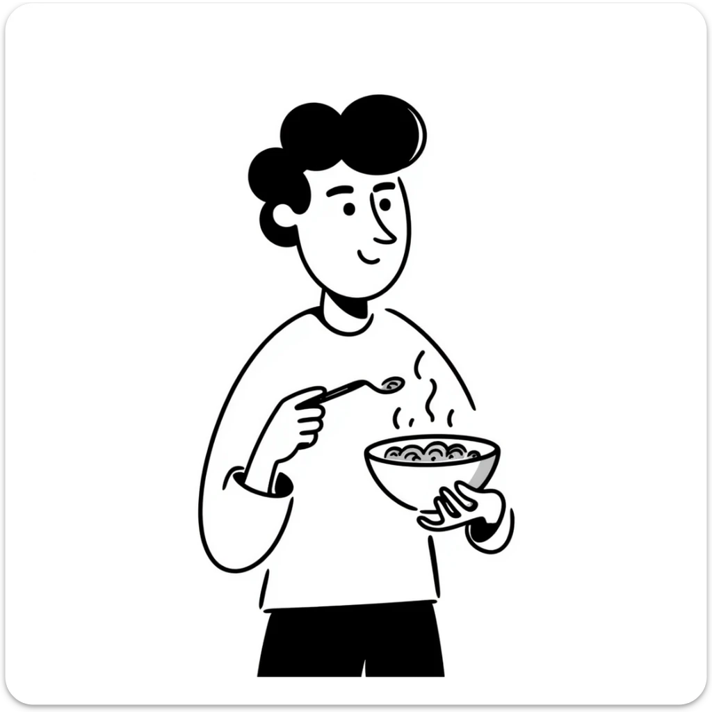 Elon Musk eating a bowl of cereal, man with distinctive features eating from a cereal bowl with a spoon sticker