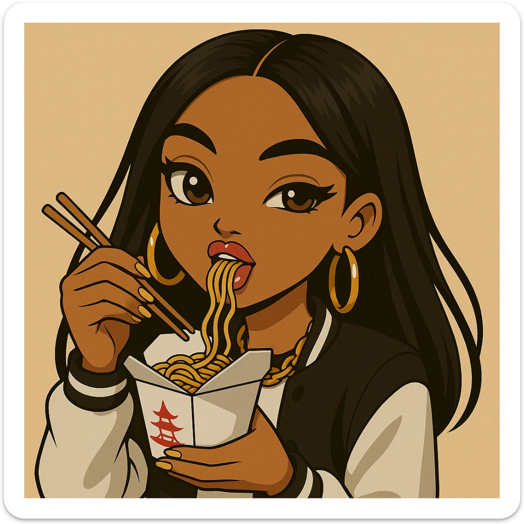 Change the pose to a headshot only of a 20-year-old anime Bratz style woman with dark skin, straight hair, trendy outfit, big expressive eyes, glossy lips, no hat, no tears, happy expression, looking straight ahead, eating out of a to-go Chinese food container with chopsticks. sticker