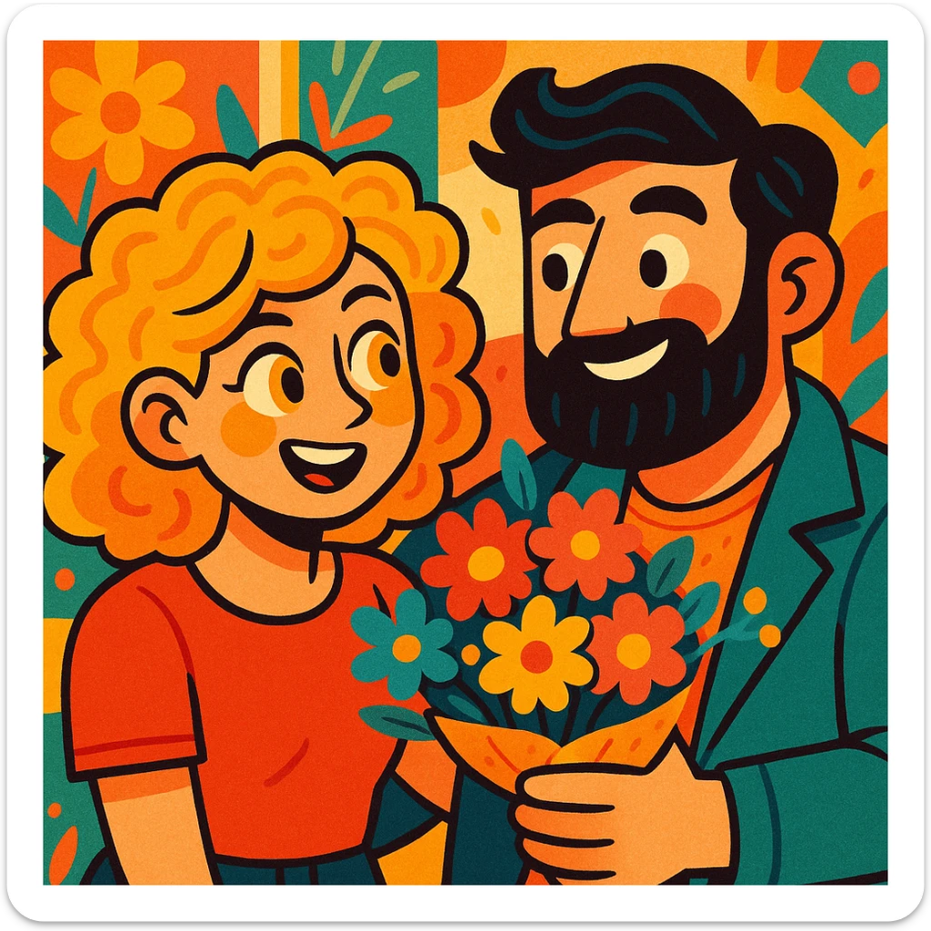 a curly haired girl with yellow eyes and hair parted from the right side, next to a handsome bearded man holding a bouquet, vibrant, playful, and detailed sticker