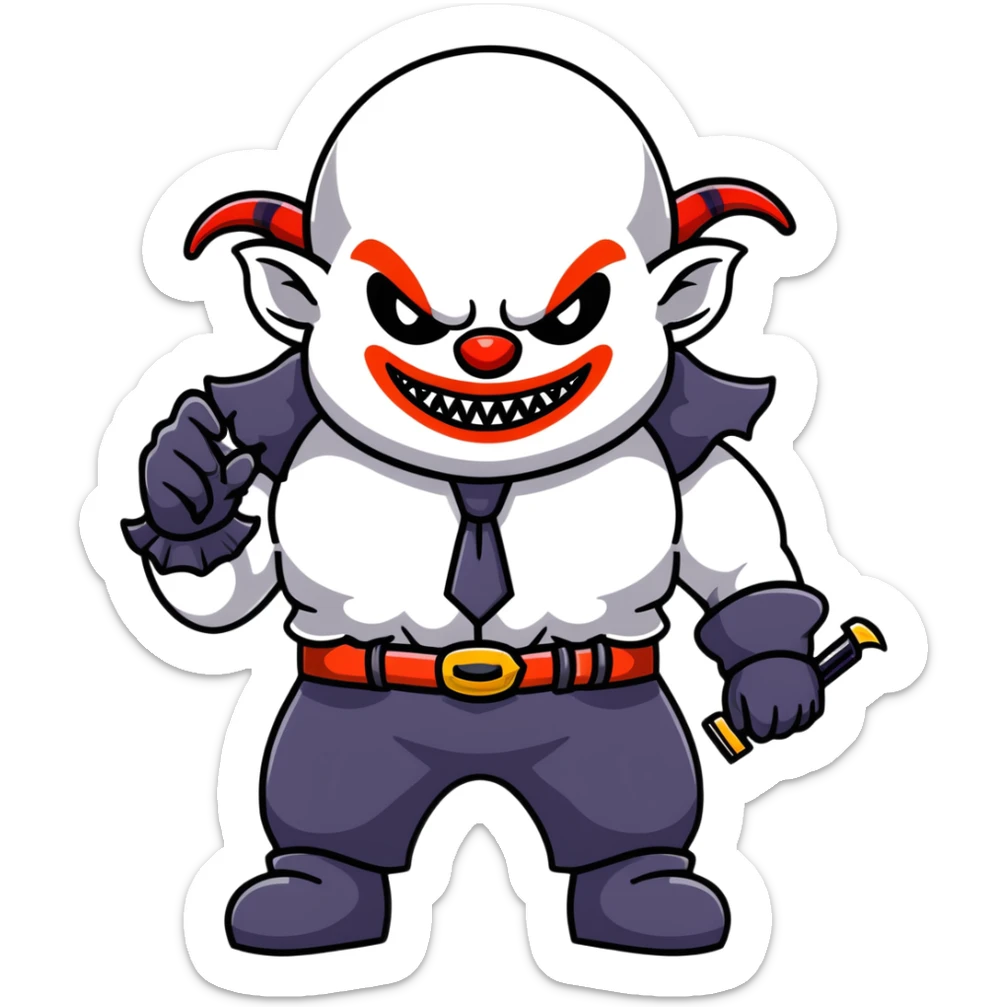 full-body muscular demonic clown in a black and white leisure suit with bellbottom pants, bald, with black ram horns, flashy black and white belt, ruffled white shirt, no neck tie, large fangs, holding a very large futuristic rifle sticker