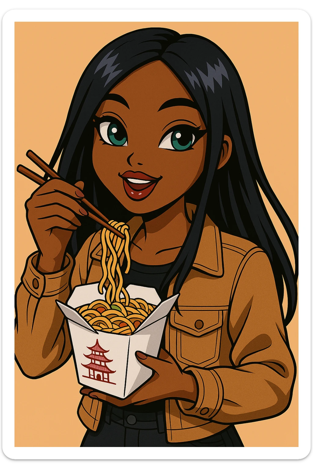Change the pose to a headshot only of a 20-year-old anime Bratz style woman with dark skin, straight hair, trendy outfit, big expressive eyes, glossy lips, no hat, no tears, happy expression, looking straight ahead, eating out of a to-go Chinese food container with chopsticks. sticker