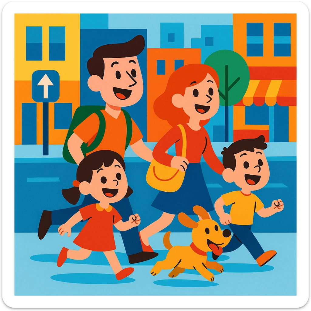 cartoon family with a pet dog, exploring city streets, lively urban setting, fun atmosphere, vibrant toon style sticker
