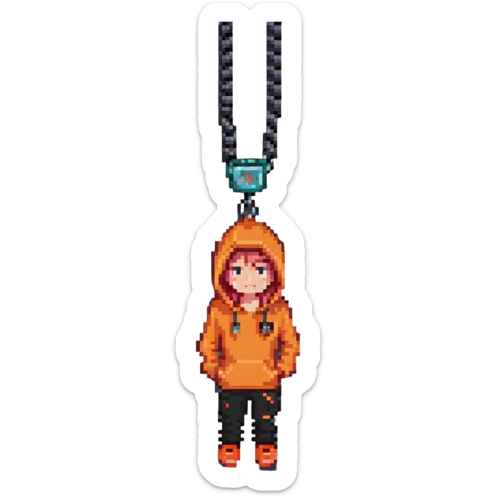 person with bacon hair, very small head, orange hoodie, black trousers, orange shoes, gamer chain around head, pixel art style sticker