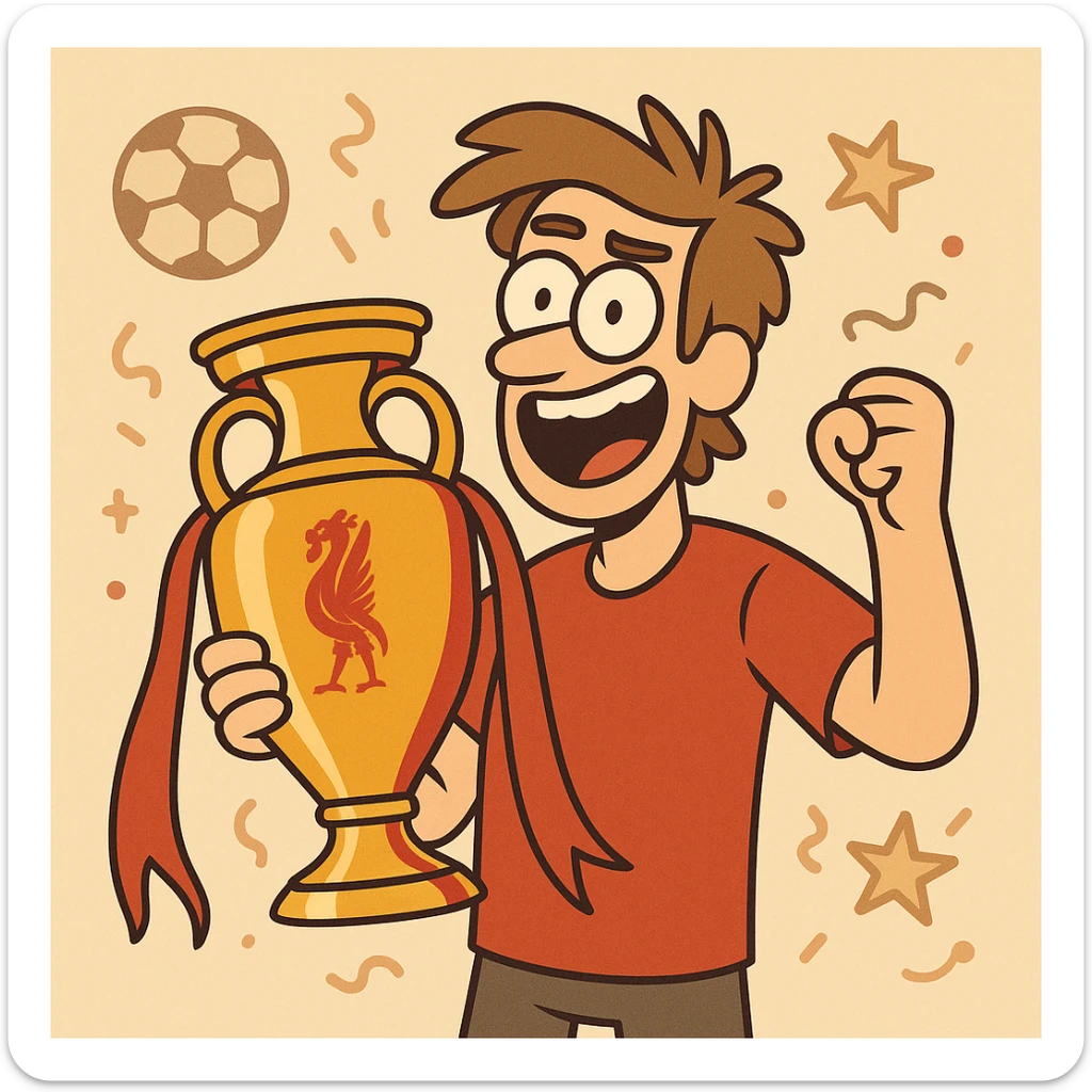 Liverpool FC trophy, stylized European Cup, gold and red, celebratory football icon sticker