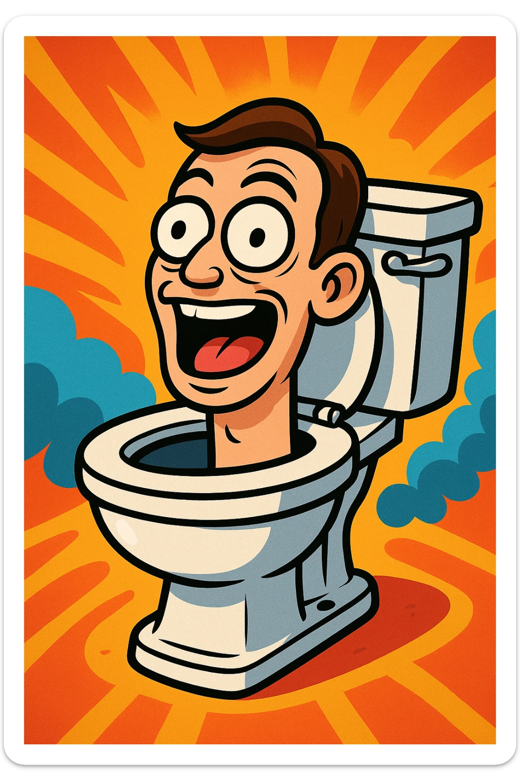 Skibidi Toilet type toilet, human head coming out of the toilet, funny expression, animated style, vivid colors sticker