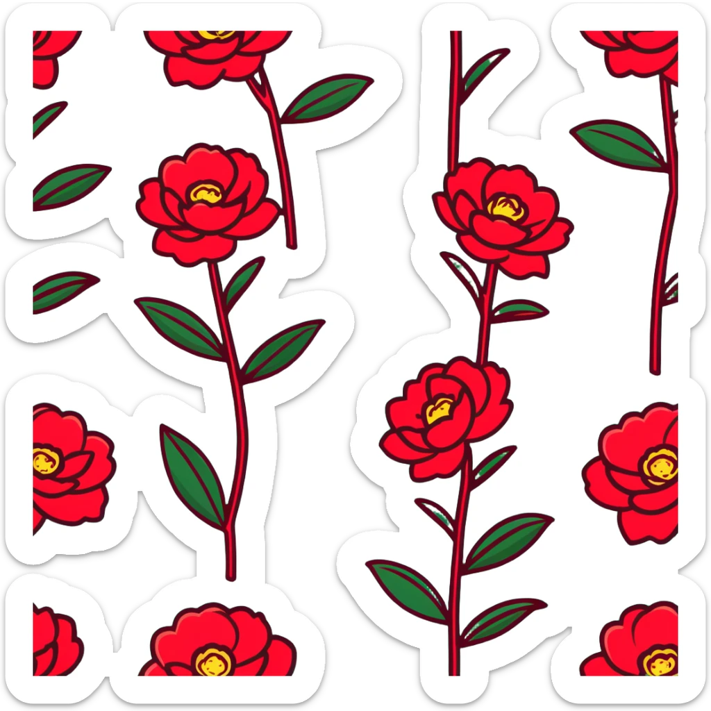 Elegant camellia japonica (tsubaki) bloom with perfect geometric arrangement of deep red petals and serrated green leaves sticker