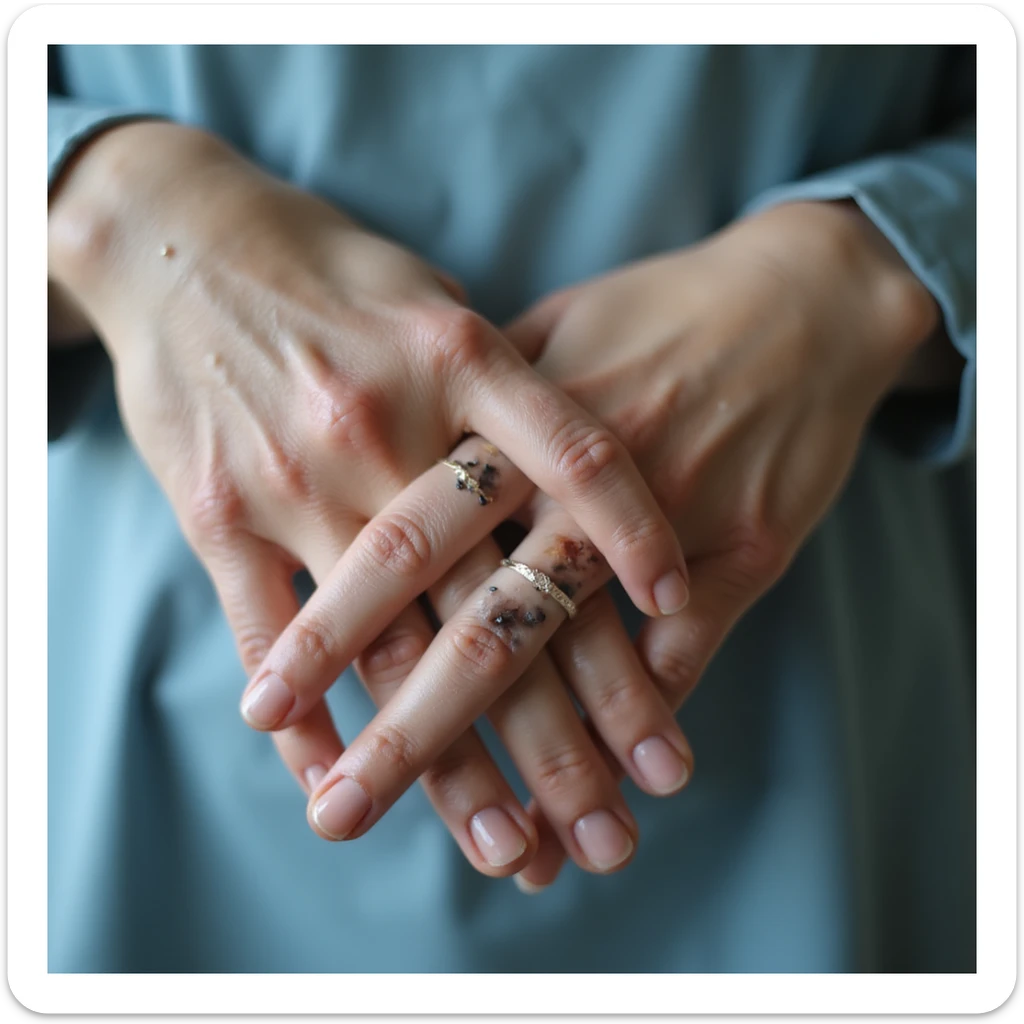 detail of hands of a woman with PCOS, fragile nails and light dark spots on knuckles (sign of insulin resistance), hyperrealistic 4K details, clinical environment sticker