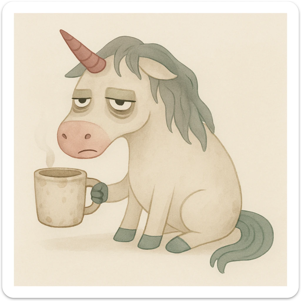 Add a dirty coffee cup in the unicorn's hoof, keep the painterly watercolor style, unicorn remains disgusting and rumpled with bags under his eyes and a drooping horn. sticker