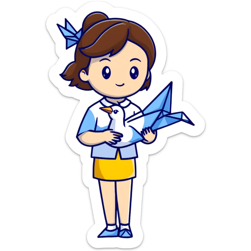 Ukrainian young girl with brown hair wearing a white embroidered shirt holds an origami yellow-blue crane sticker