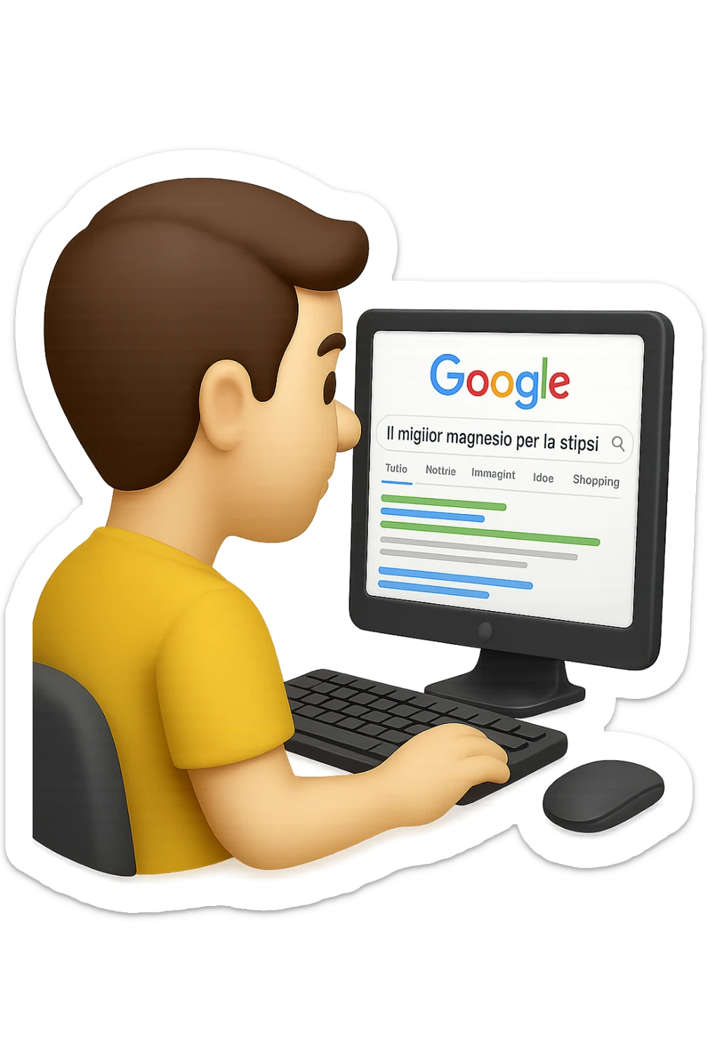 emoji stile iphone di un uomo davanti al pc che cerca di google: "Il miglior magnesio per la stipsi", iperrealistico 4k sticker