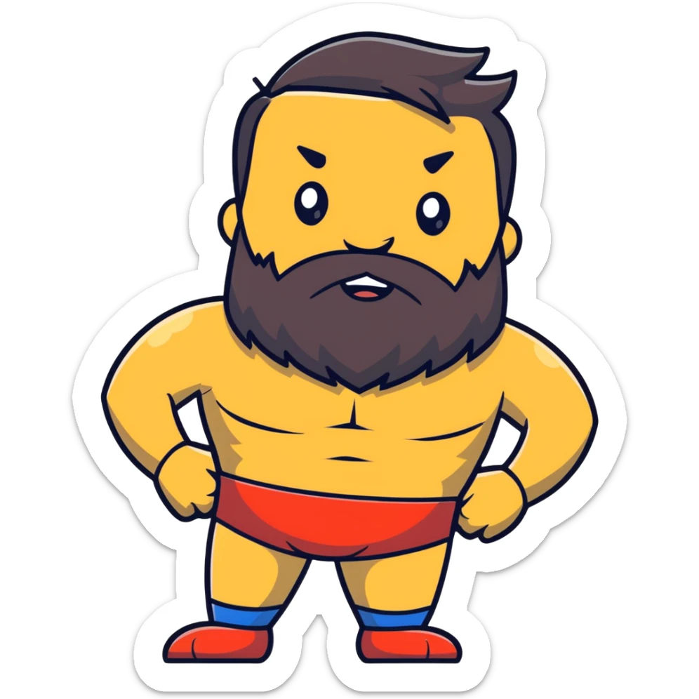 silly superhero with giant beard wearing underwear outside costume, goofy expression sticker