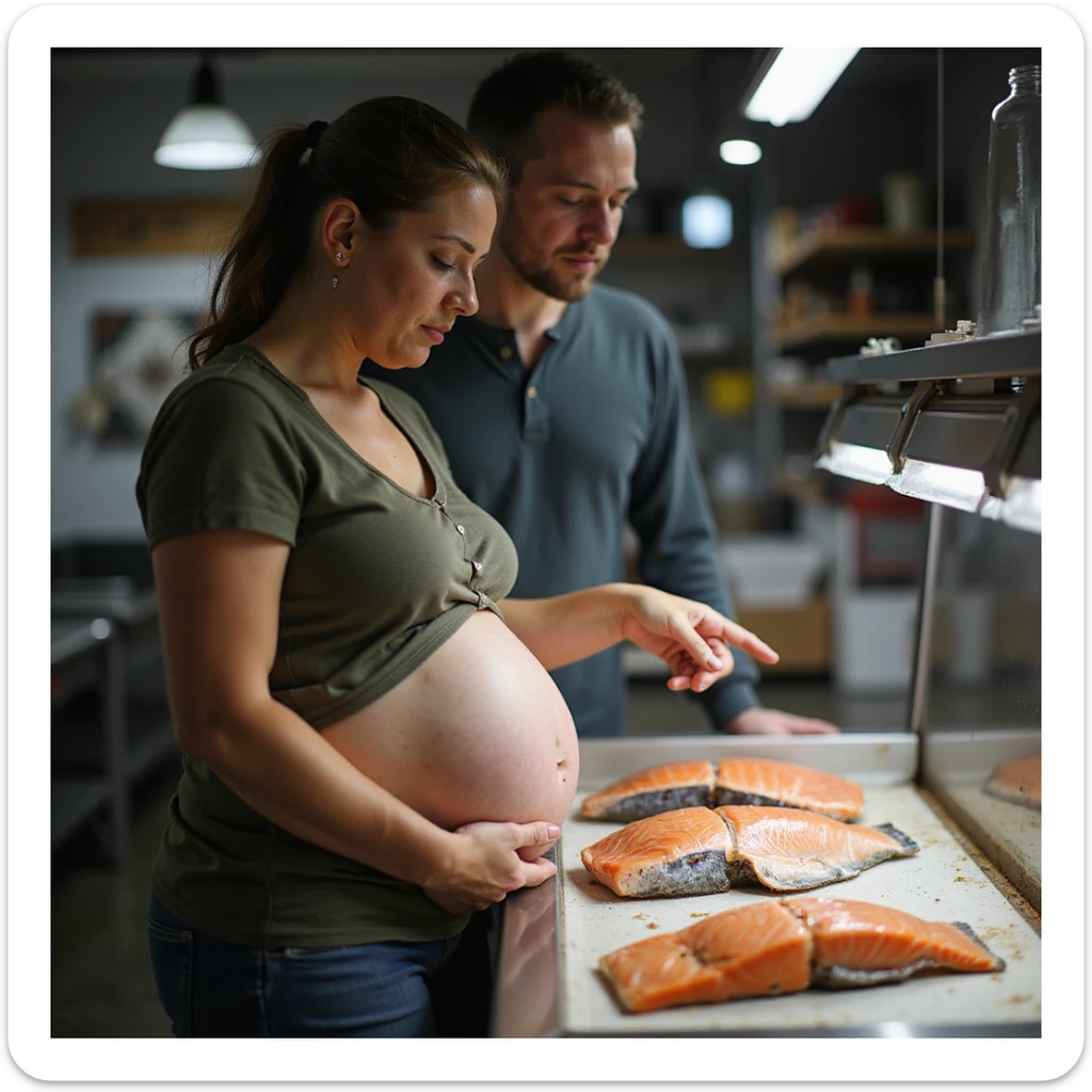 realistic pregnant woman in 4K explaining to partner why she doesn't want to eat raw salmon pointing at belly and fish counter with salmon showing visible parasites sticker