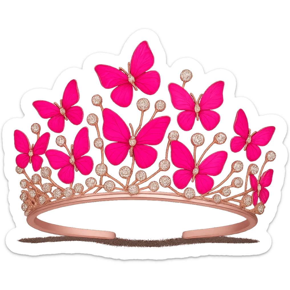 Enhance the vibrancy of the pink enamel butterflies on the crown, making them stand out more with vibrant pink enamel shades. Keep the sparkling gems and pink base intact. No background. sticker
