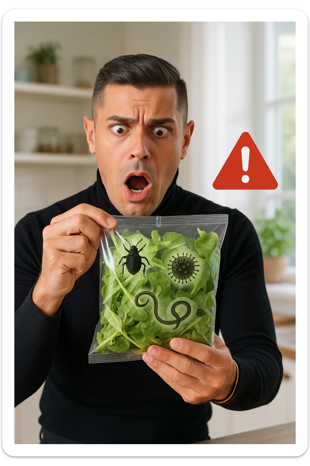 a man with a shocked expression holds a bag of salad greens up to the light. Through the clear plastic, enlarged and detailed images of various parasites and bacteria are visible among the leaves. A red warning triangle with an exclamation mark floats near the bag, emphasizing the health risk. The setting is a bright, everyday kitchen. sticker