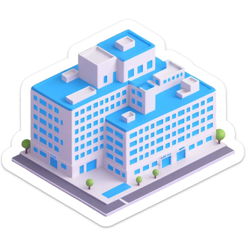 Seoul Asan Medical Center, simplified hospital building, blue accents, inspired by reference image sticker