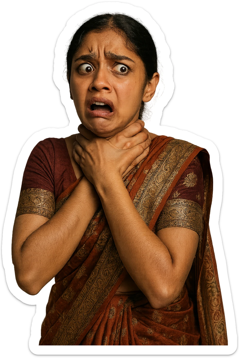 A girl wearing a saree, hands tightly around her own neck as if choking, South Asian features, dramatic expression, intricate patterns, no background sticker