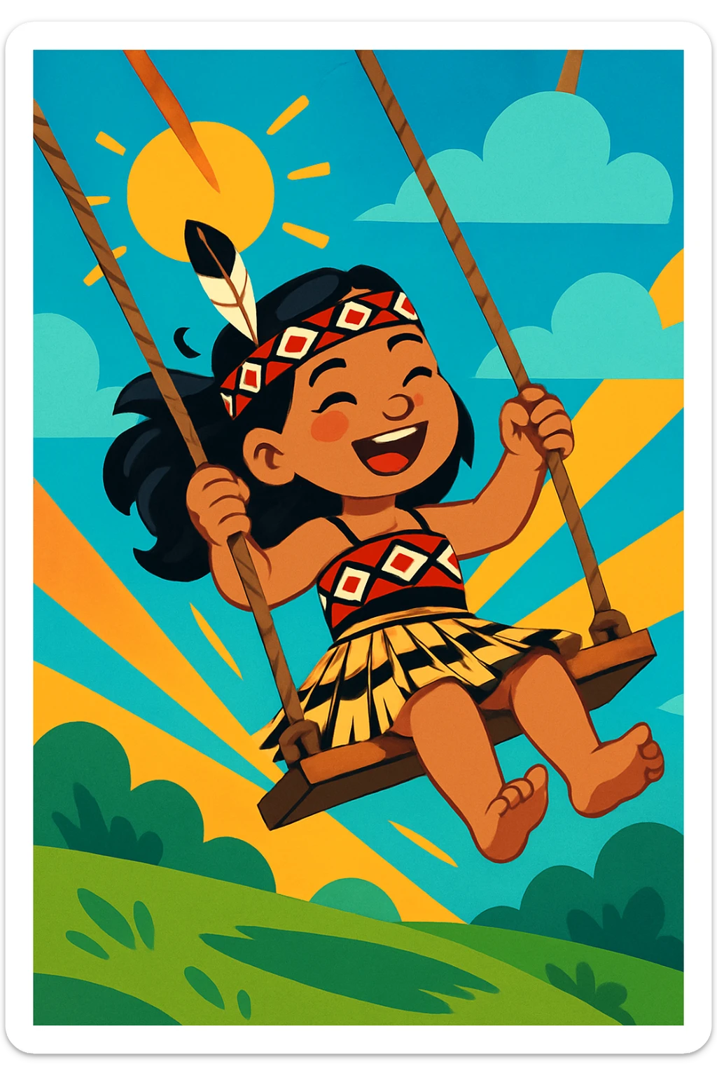 A Maori girl with a feathered headband, swinging high, wearing a traditional piupiu skirt, bright and animated scene sticker