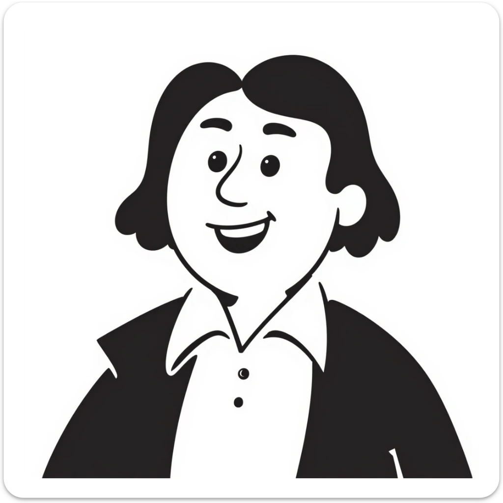 Fat white man, black hair parted in the middle to the shoulders smiling, white shirt and black jacket sticker