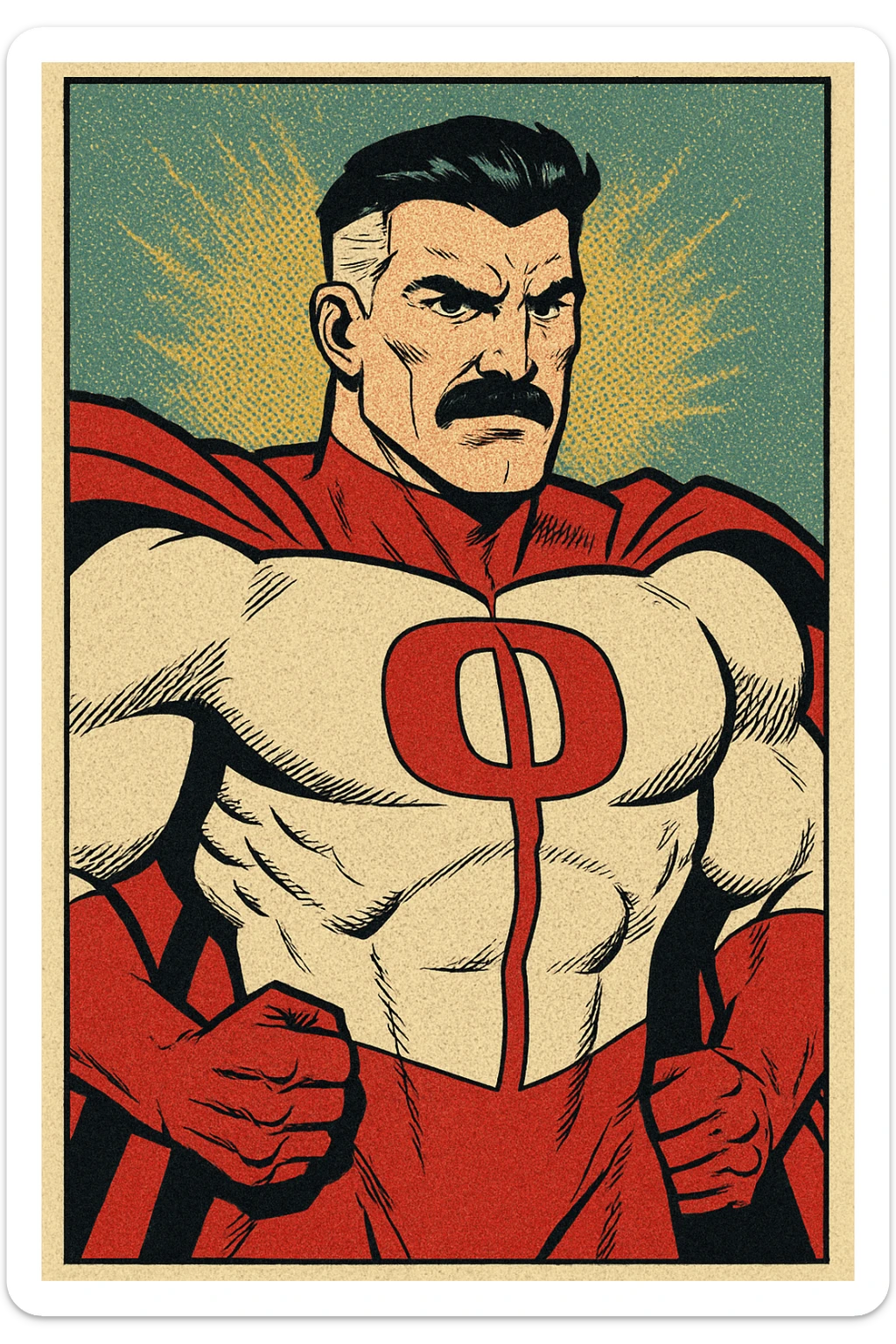Omni-Man superhero character, muscular build, red and white suit, mustache, stern expression, comic book style sticker