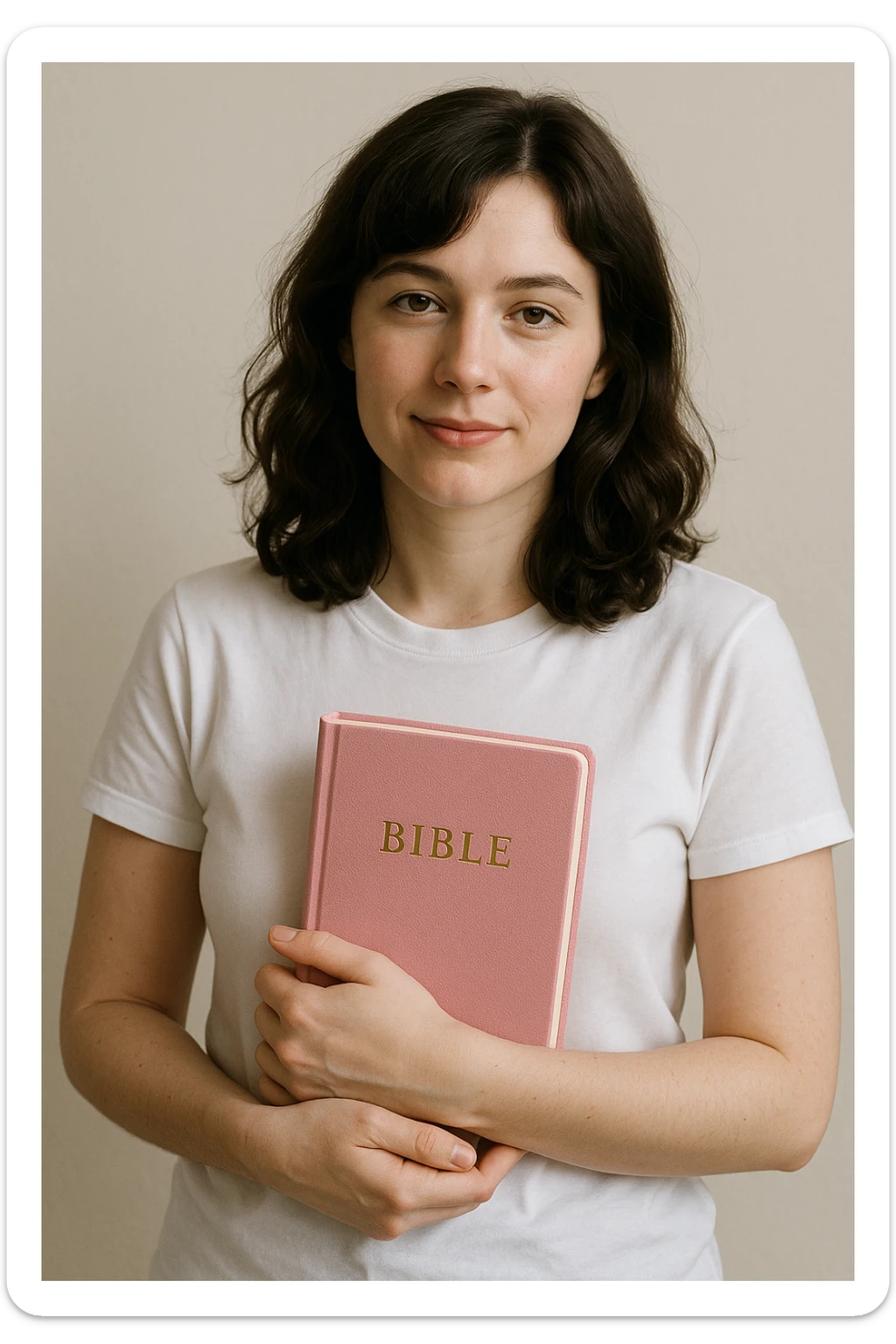 Brunette woman, pale skin, shoulder-length wavy hair, white t-shirt, holding a pink Bible, simple background sticker