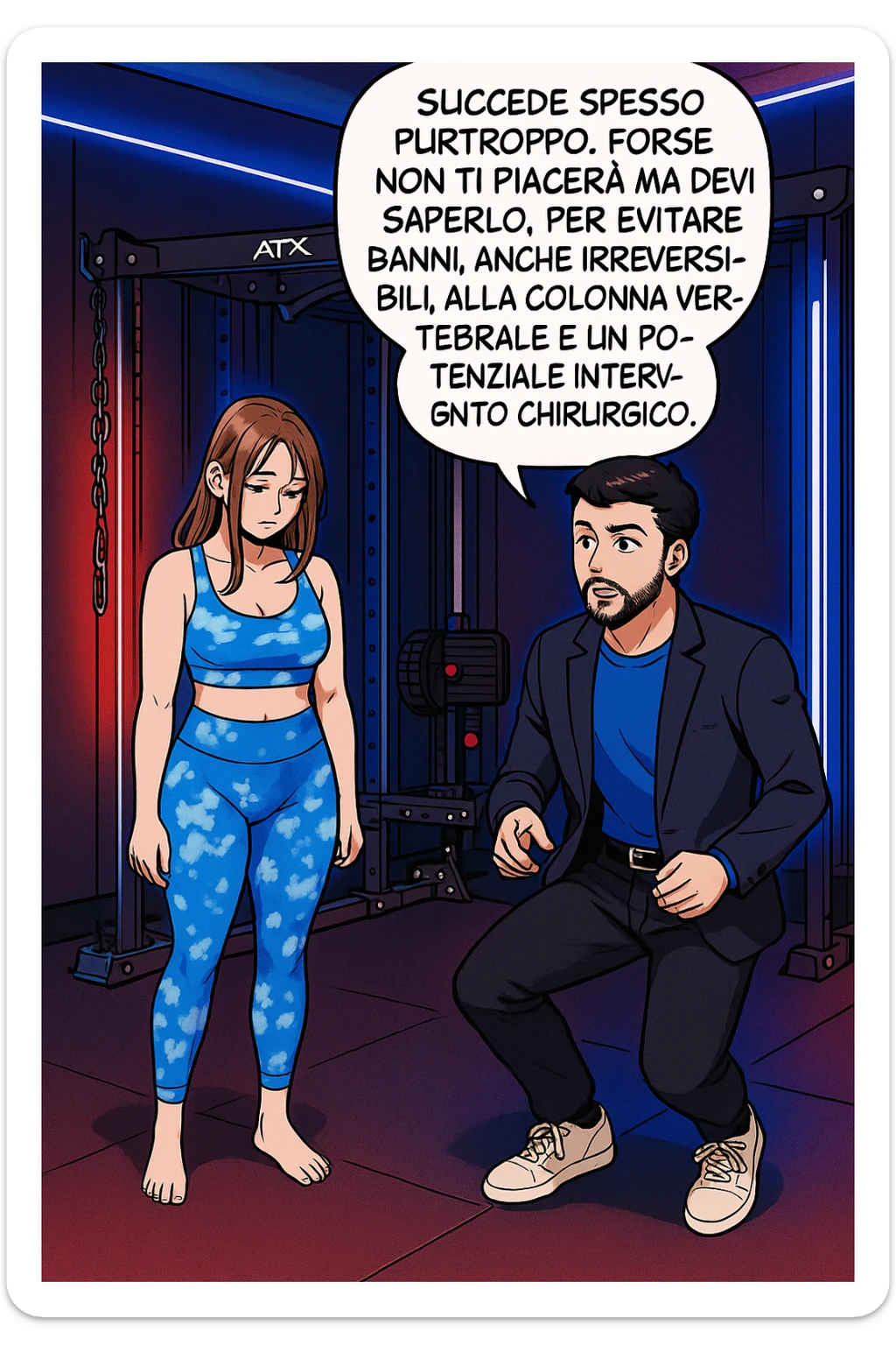 fai questa immagine in versione fumetto/manga/webtoon a colori, il manga mostra l'uomo che risponde alla donne:
Succede spesso purtroppo. 
Forse non ti piacerà ma devi saperlo, per evitare danni, anche irreversibili, alla colonna vertebrale e un potenziale intervento chirurgico. sticker