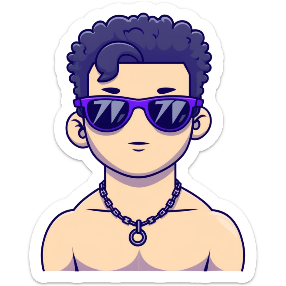shirtless male athlete with white skin and moderately curly black hair on top with shaved sides, wearing purple sunglasses with very dark heavily tinted black lenses, and a simple plain black chain necklace with absolutely no pendant or decoration sticker