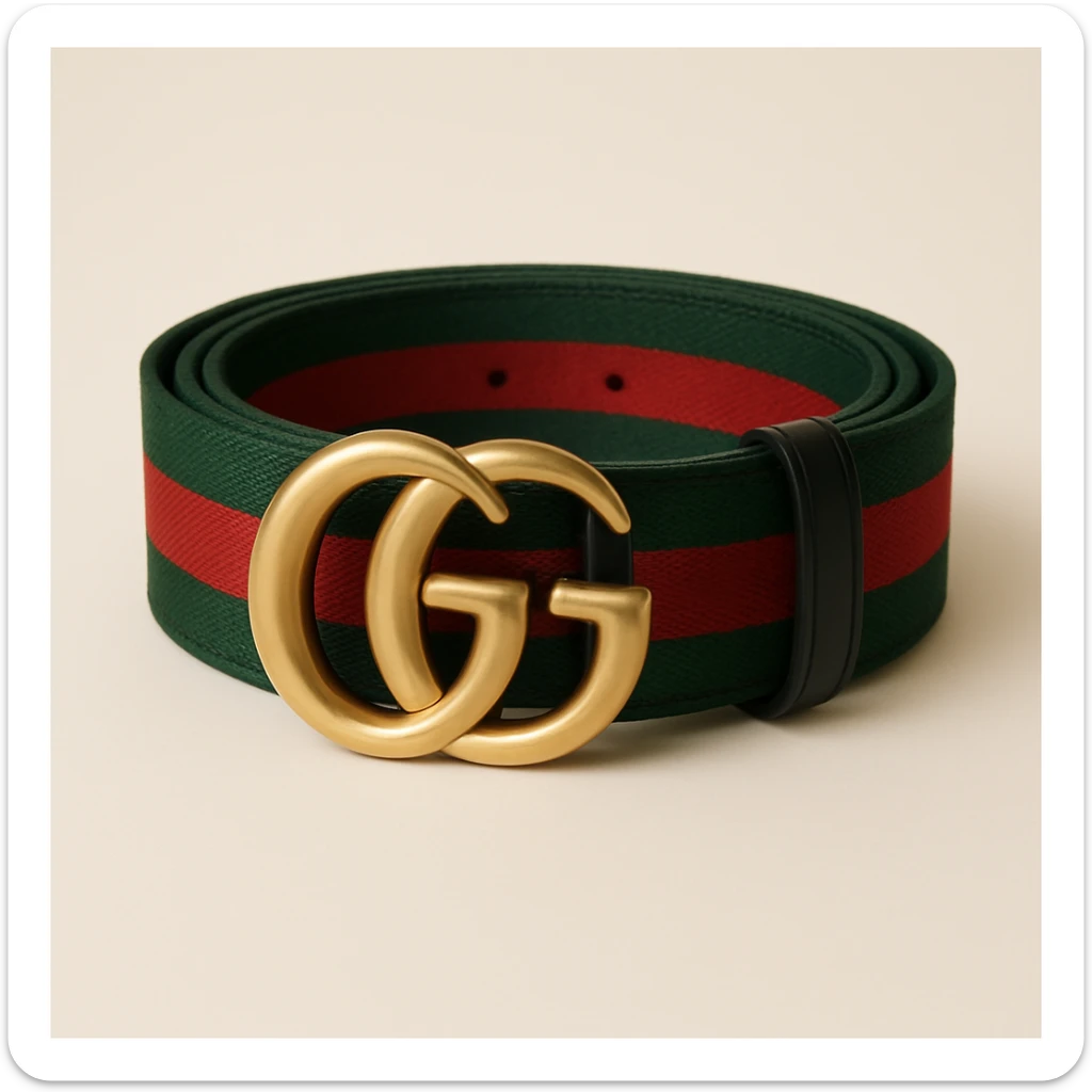 Change the belt band to green, black, and red stripes, keep the gold GG buckle and luxury look, maintaining a high-end fashion style. sticker