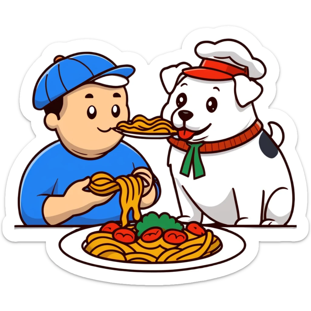 guy in Italy eating pasta with a huge, happy, fat whale of a dog wearing an Italy hat sticker