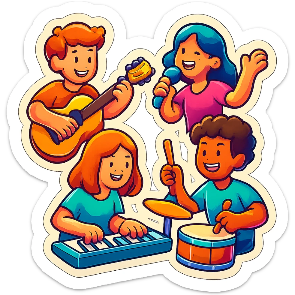 A group of friends playing music in retro stickers style, with musical instruments and a retro vibe sticker