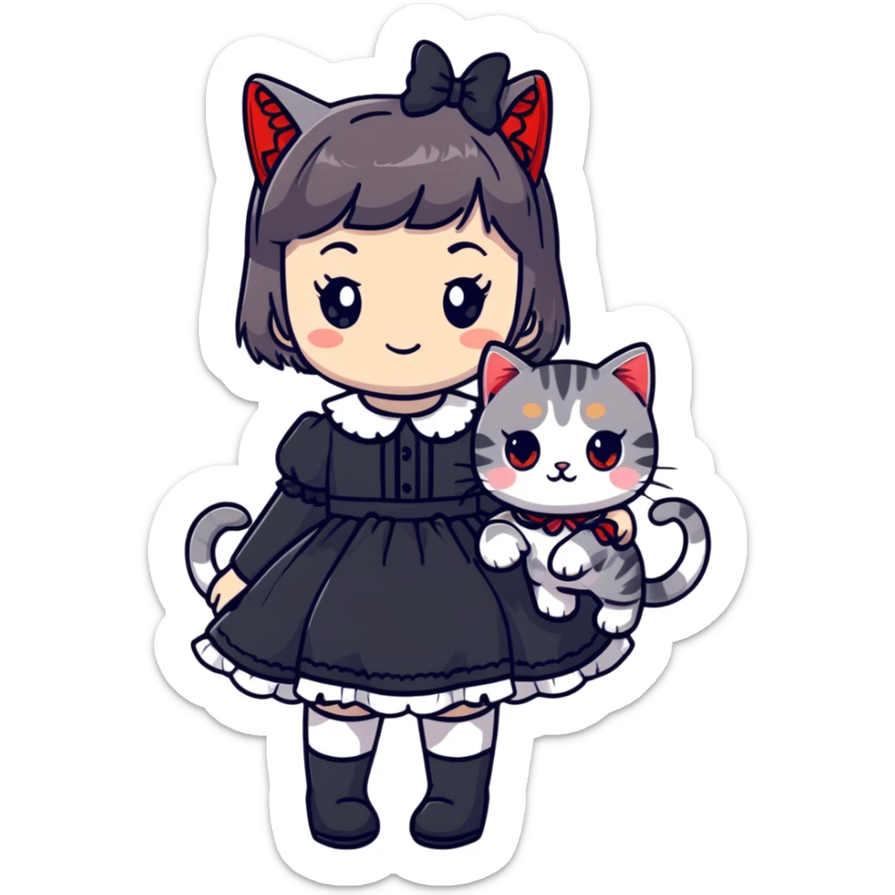 girl wearing black Lolita style dress, with medium-length black hair with red tips, and a gray American Shorthair tabby cat sticker