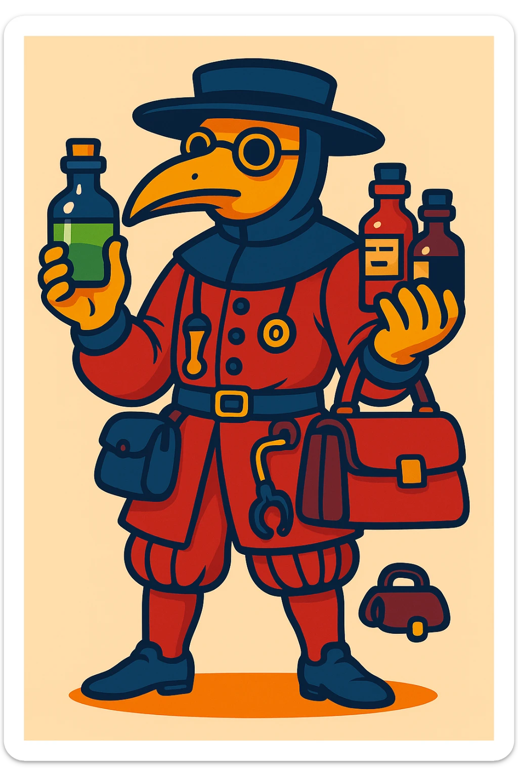 Tudor doctor holding medicine bottles and medical equipment in vibrant toon cartoon style, colorful, lively, detailed, expressive character sticker