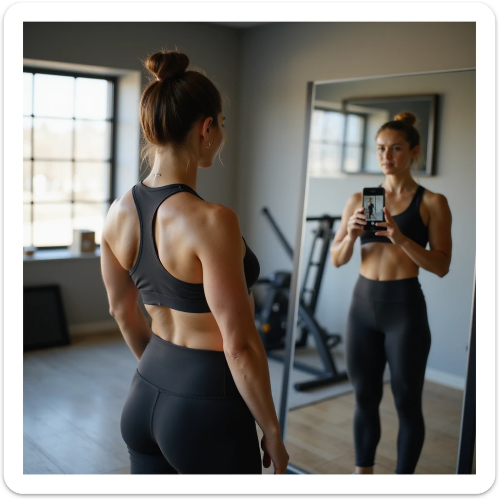 athletic woman in leggings and sports top, side pose in front of mirror, recording video check with smartphone for coach, tidy room with fitness equipment, natural light, hyperrealistic details, 4K sticker