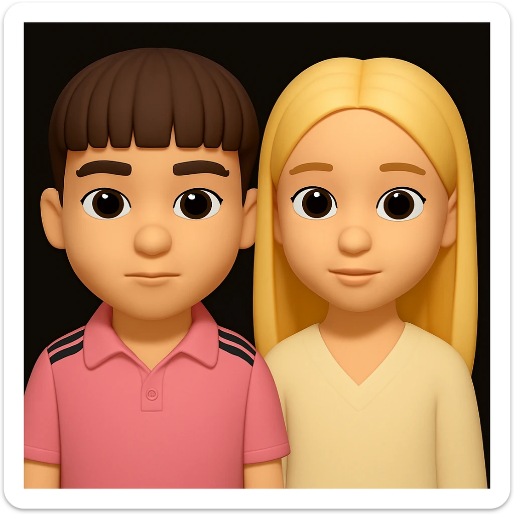 Merge the two 3D emoji characters (a boy and a girl) into one image, both standing together with neutral expressions, maintaining the 3D emoji style similar to Microsoft Fluent emojis. sticker