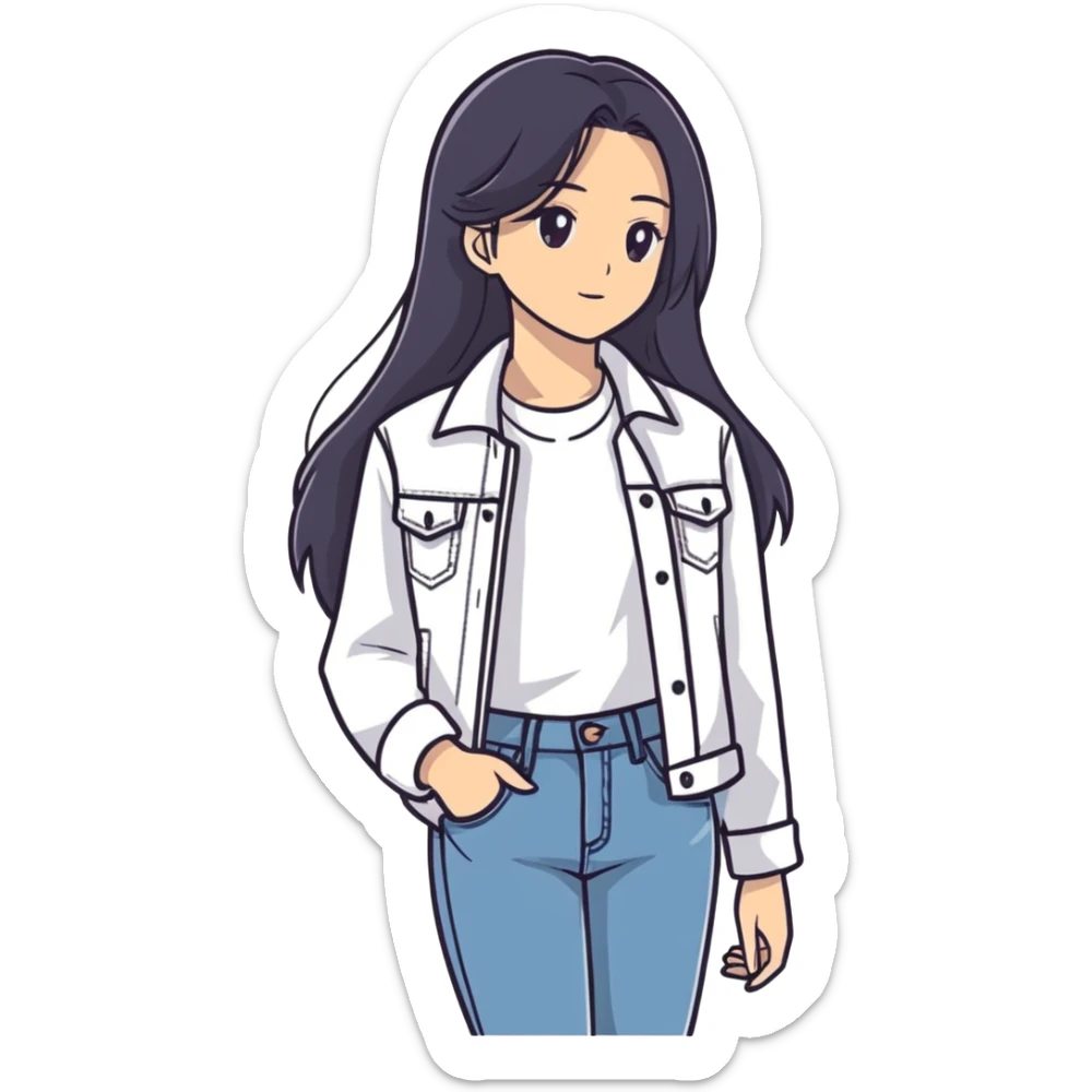 A girl with long hair that’s dark and she has a white shirt and a jacket and denim jeans sticker