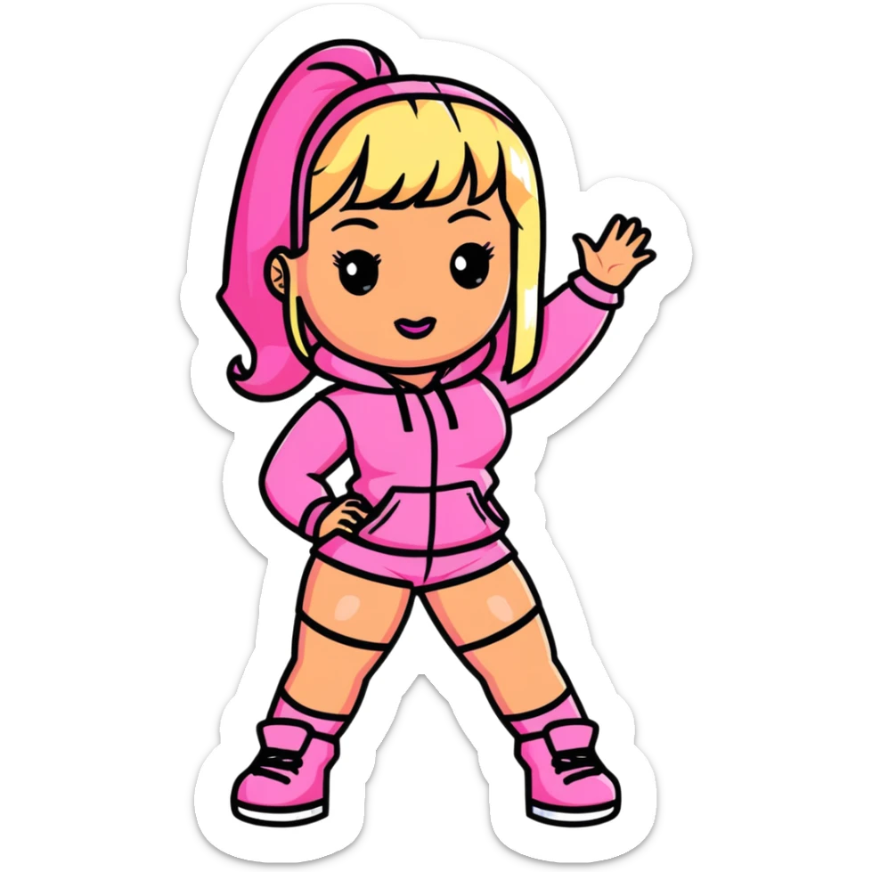 Nicki Minaj wearing a pink outfit with blonde and pink hair sticker