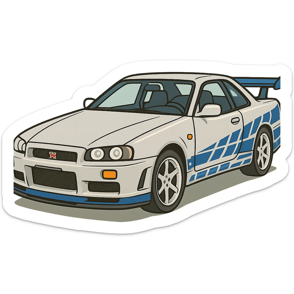Brian's Nissan Skyline GTR R34 from Fast and Furious, cartoon style, chrome body with blue stickers, car alone sticker