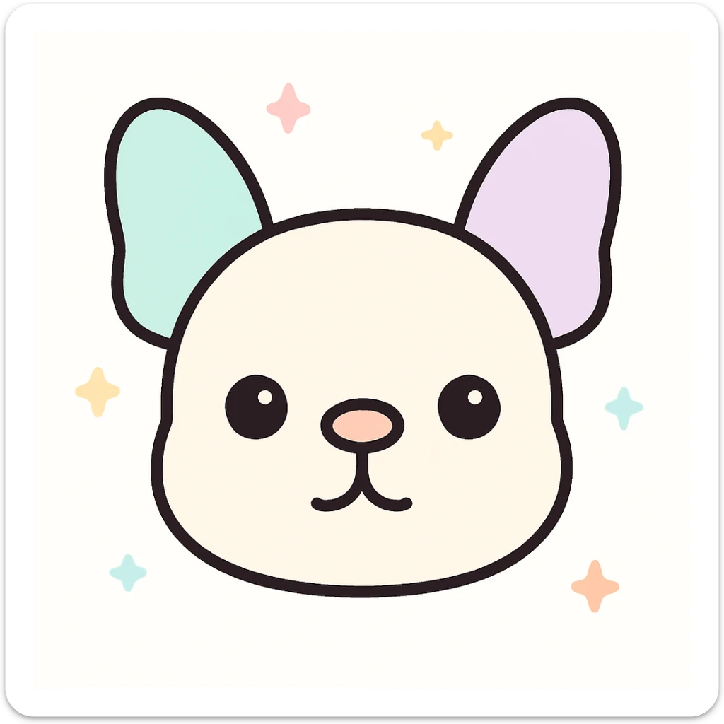 Minimalist kawaii line art of a French Bulldog dog's head: round, wide head, large upright bat-like ears, very simple face with two dot eyes, tiny round nose, upside-down 'Y' mouth. Thick, bold, clean black lines on white background, symmetrical, calm and sweet expression. No color or shading, just black linework. Slightly hand-drawn but polished, child-friendly. sticker