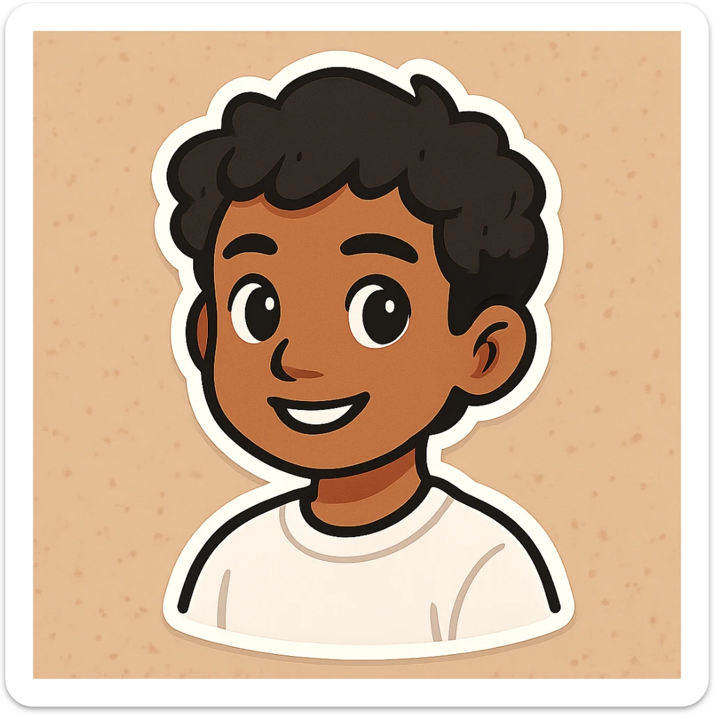 Make the boy slightly darker with tanned skin, keeping his black wavy hair, black eyes, no beard or mustache, and wearing a white sweatshirt. The style should resemble cartoon sticker style. sticker