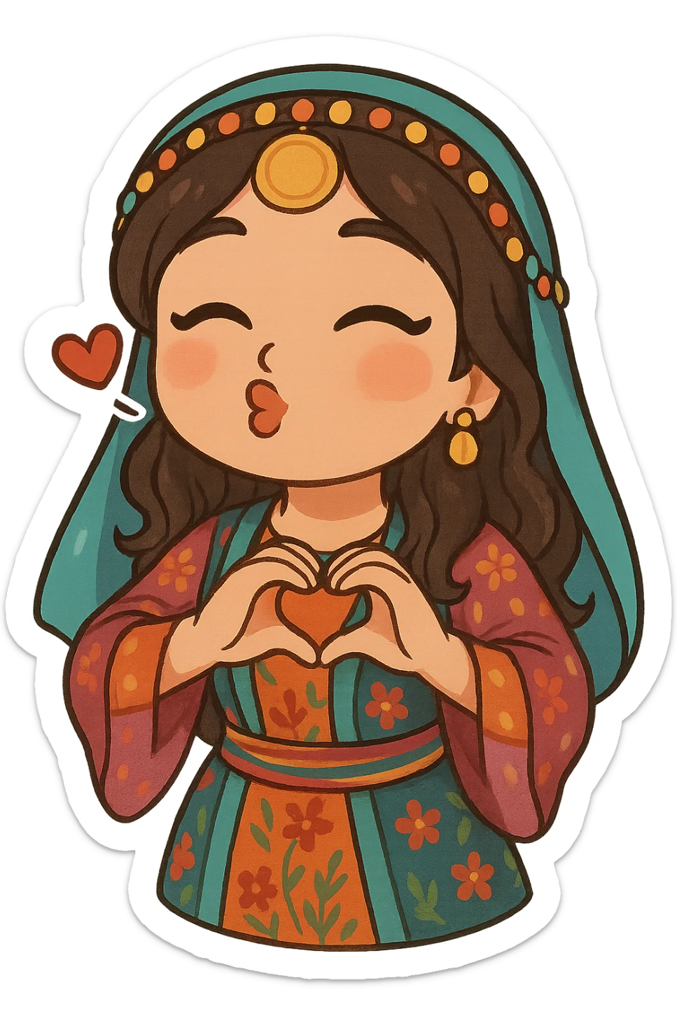 Cartoon sticker of a Kurdish woman in traditional Kurdish female clothing, colorful and cheerful, face sending a kiss, both hands forming a heart in front of chest, no shadows or color halos around the image, no text, suitable for WhatsApp and Instagram, fully transparent background. sticker