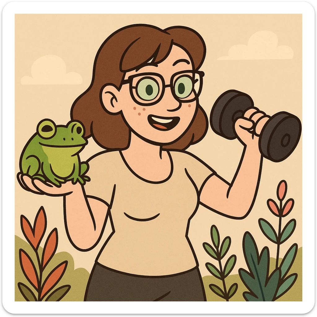Irish woman with green eyes, brown hair, and glasses, holding a frog and a dumbbell, colorful cartoon style, plants in the background sticker