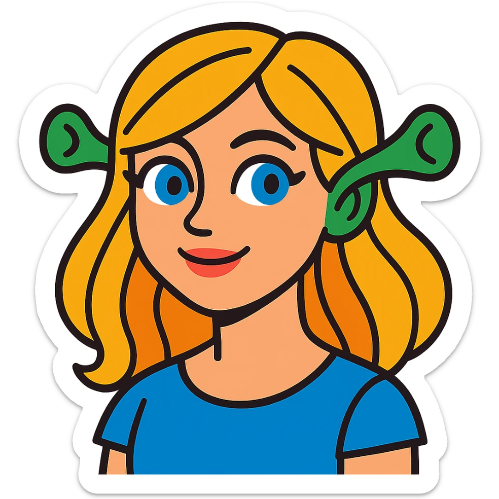 pretty girl with blonde hair, blue eyes, green ogre ears in vibrant toon style sticker