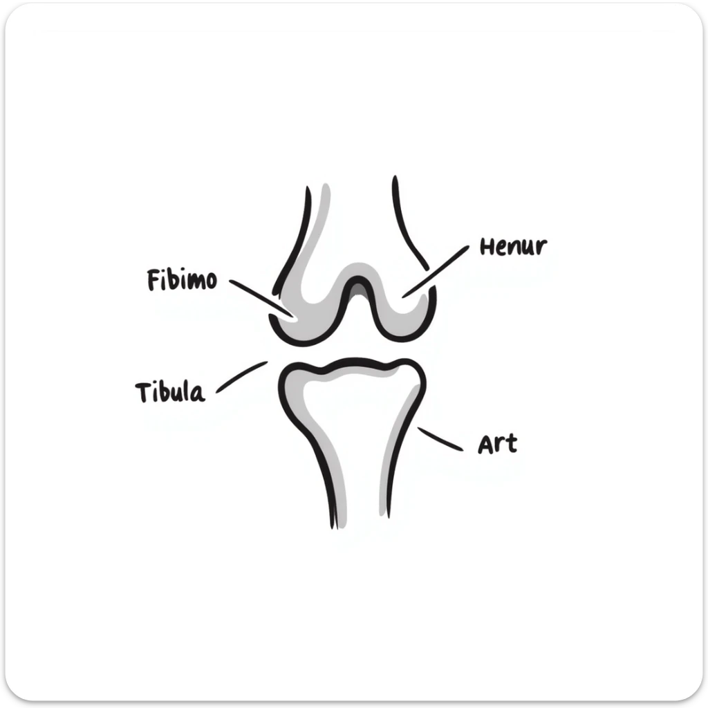 anatomical drawing of knee bones showing patella, femur, tibia, and fibula with labels sticker