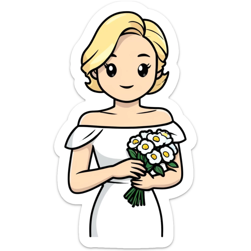 blonde woman in a white off-shoulder dress with a bouquet of white flowers sticker