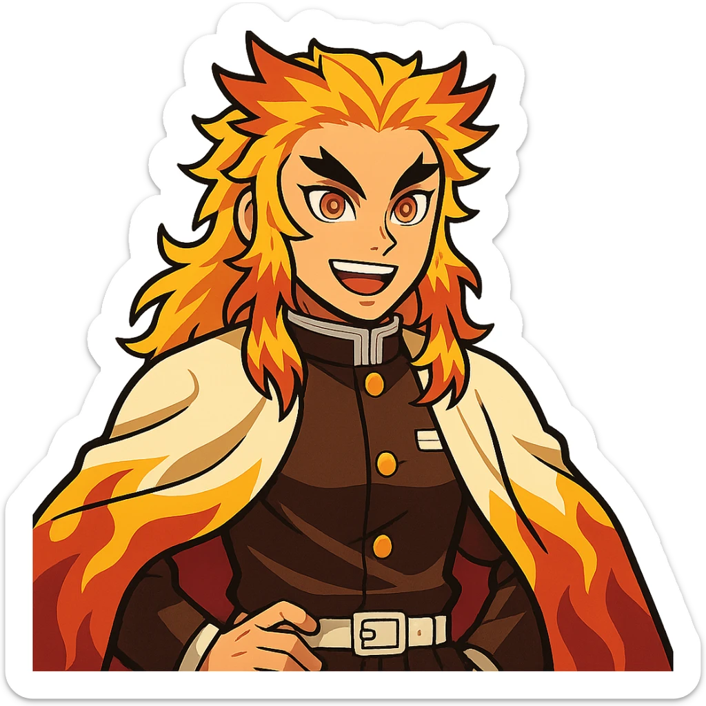Kyojuro Rengoku from Demon Slayer, vibrant anime style, flame-patterned haori, fiery hair, confident smile sticker