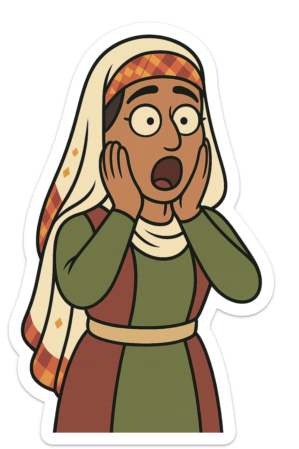 Kurdish man or woman in jamadani, cartoon style, feeling surprised, mouth open, hands on cheeks, no text sticker