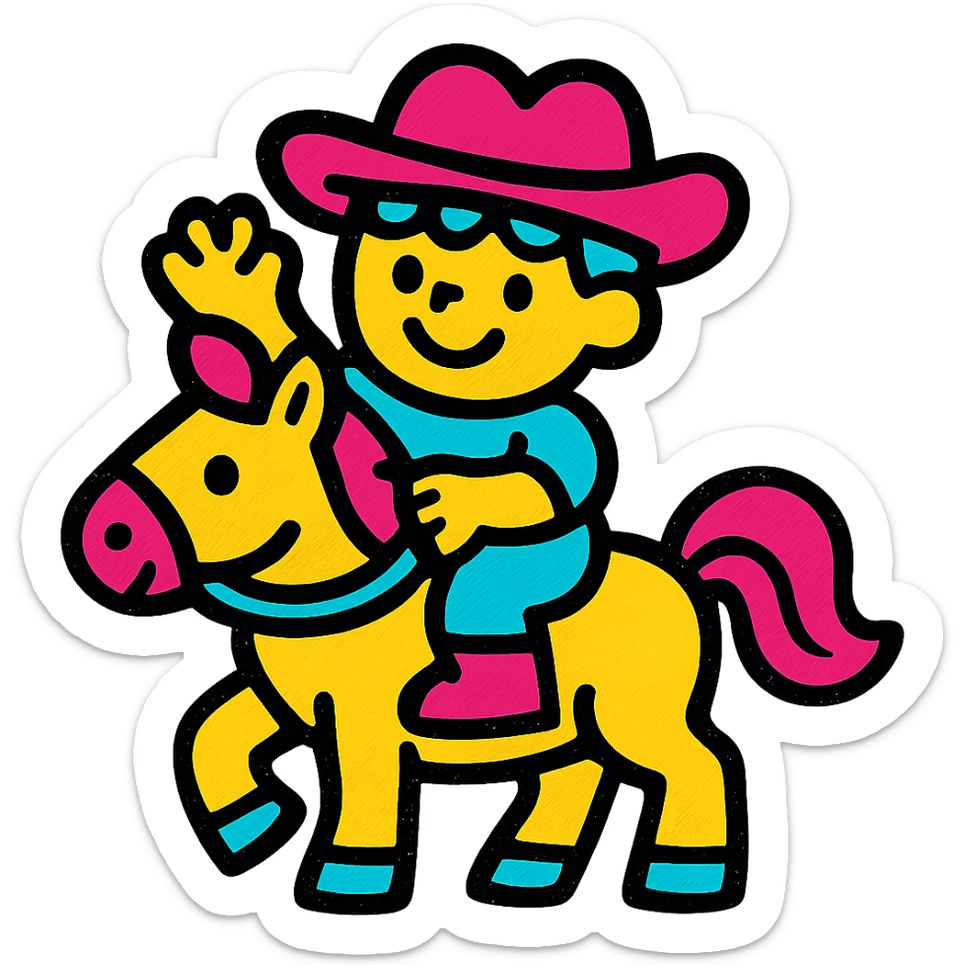 bright and cheerful icon of a child riding a horse, flat color style, minimal but expressive sticker