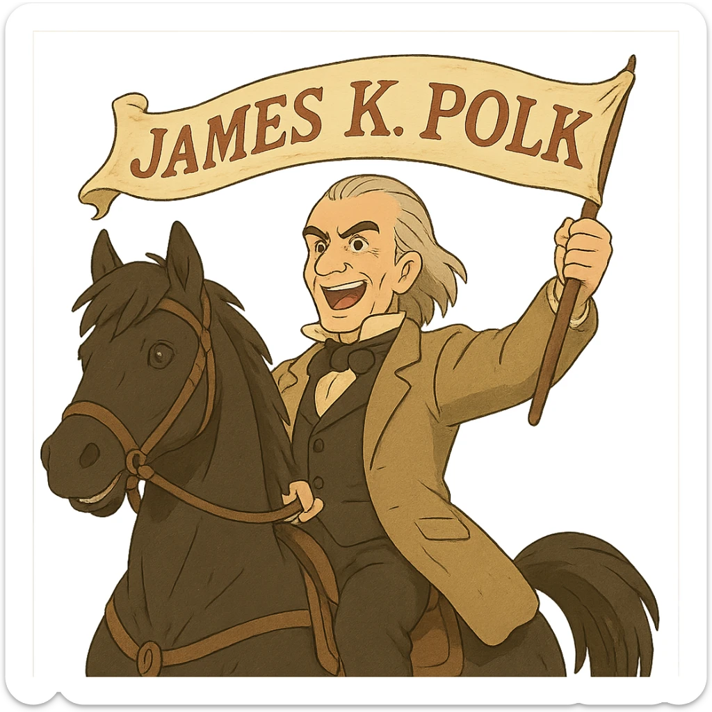 James K. Polk riding a dark horse, holding a campaign banner, triumphant expression, ghibli style illustration sticker
