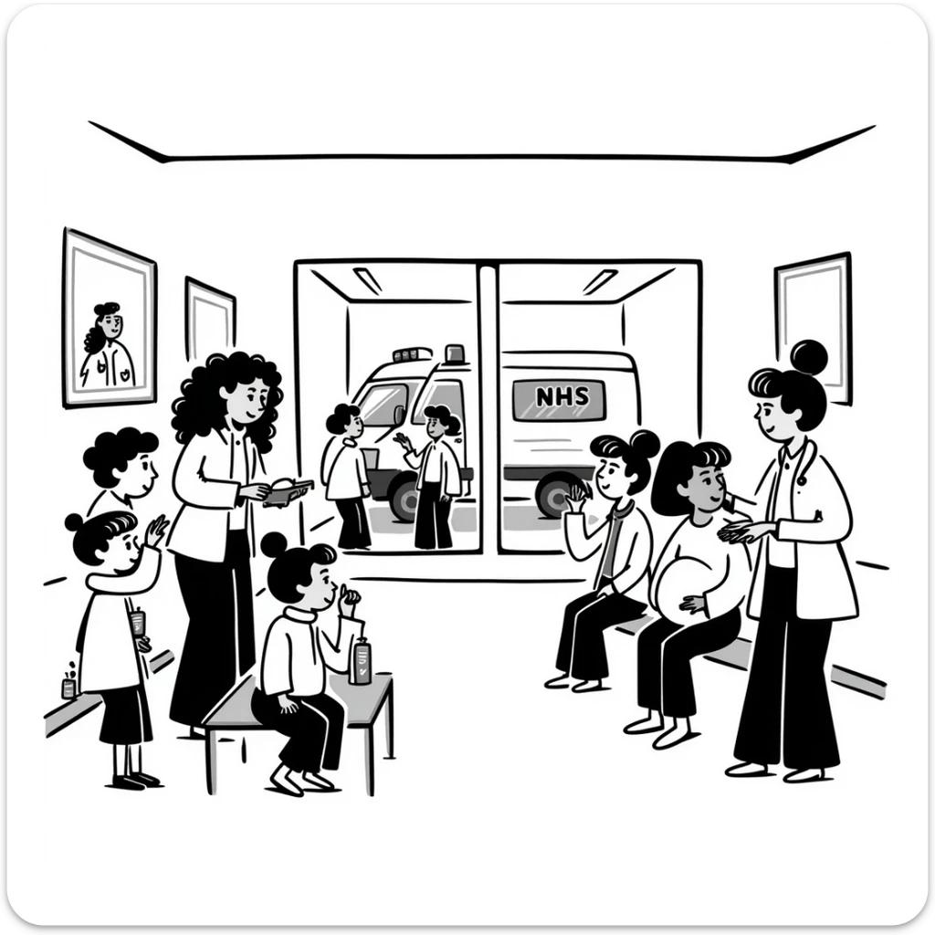 An NHS Doctor Surgery with nurses, children, pregnant women, vaccinations and a window with an ambulance outside sticker